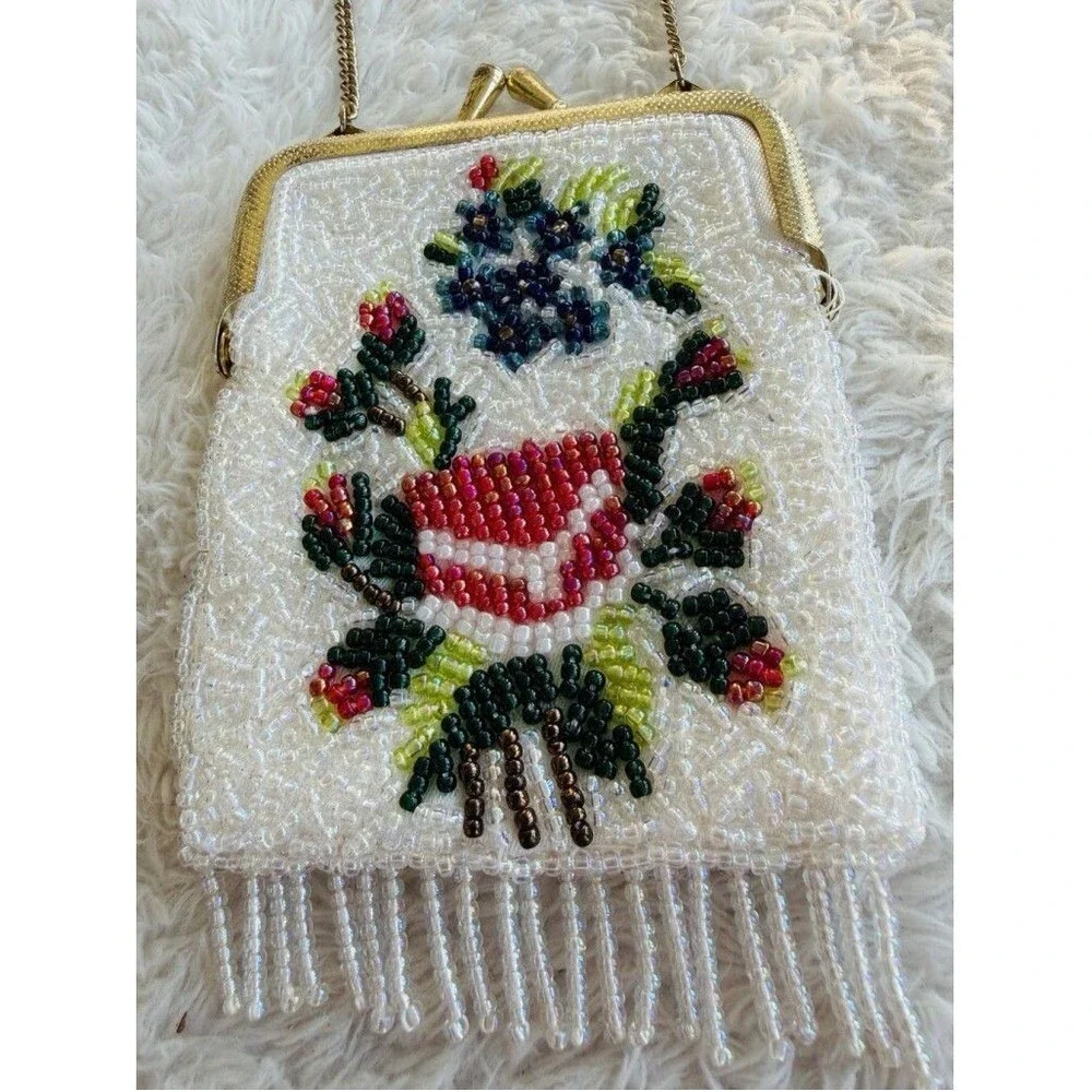 Vintage Floral Hand Beaded Fringe Chain Strap Tiny Seed Evening Purse Flapper